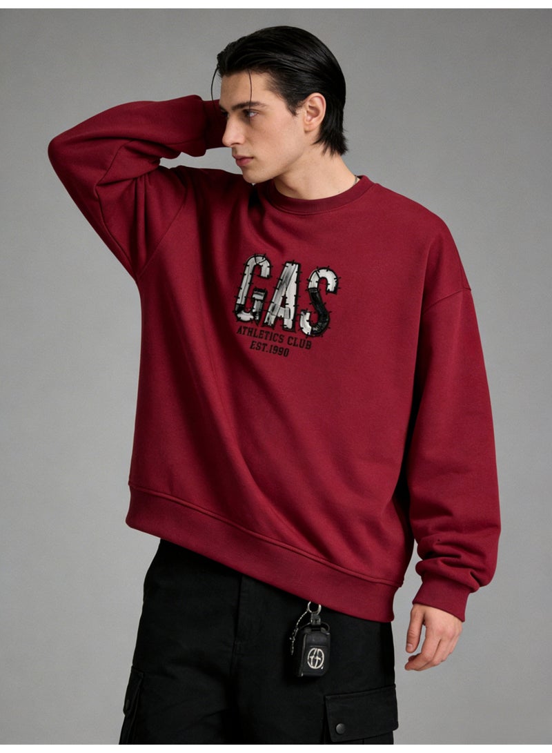 غاز GAS Burgundy "GAS ATHLETICS CLUB" Distressed Letter Oversized Crew Neck Sweatshirt | Unisex Pullover With "EST.1990" Print - Image 1